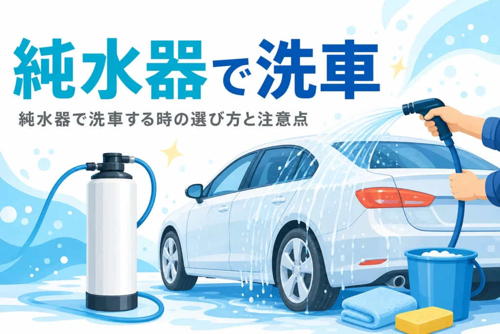 自宅で純水器につないだホースから澄んだ水を車にかけている手元