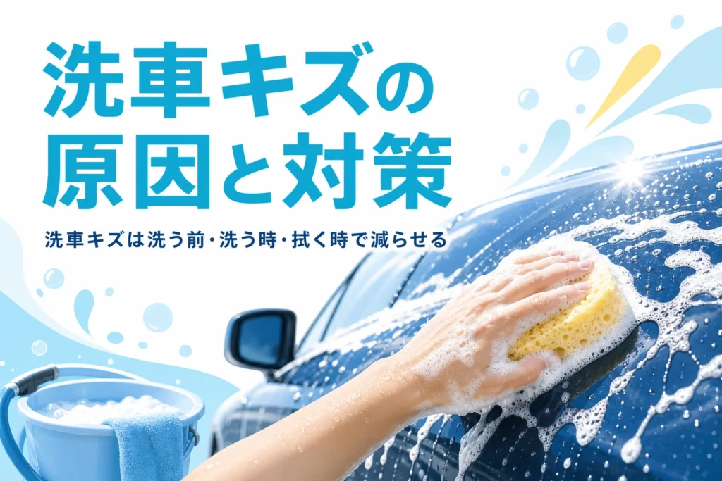 濃い色の車のボディを泡たっぷりのスポンジでなでるように洗う手元と、洗車キズの記事タイトル