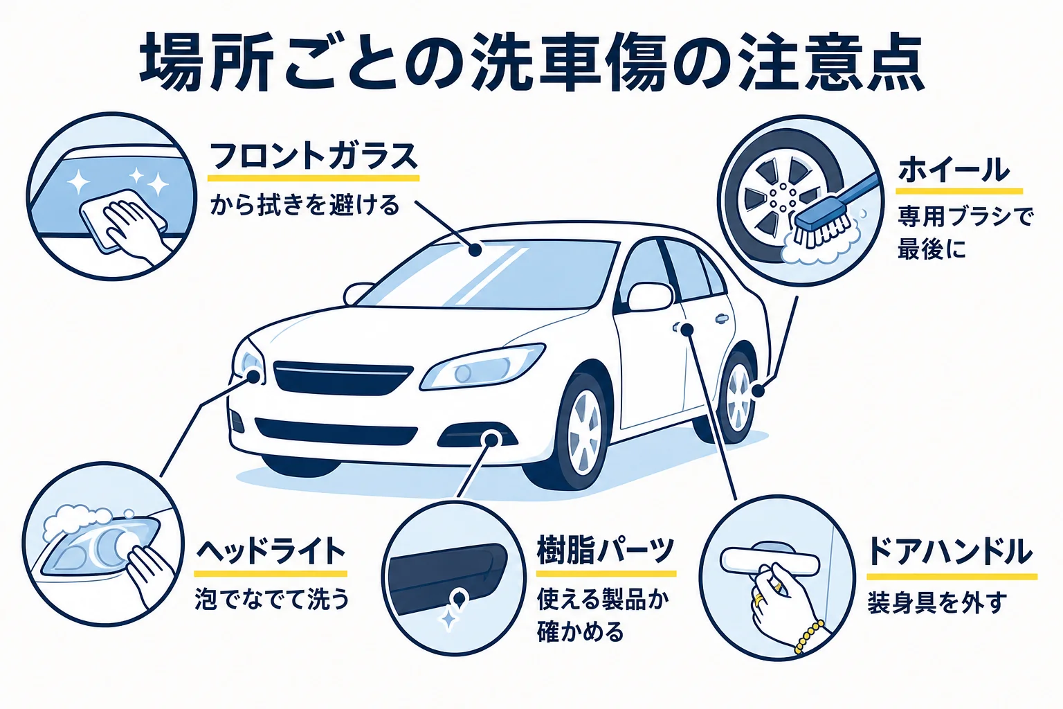 フロントガラス・ホイール・ヘッドライトなど場所ごとの洗車傷の原因と対策を示した図解