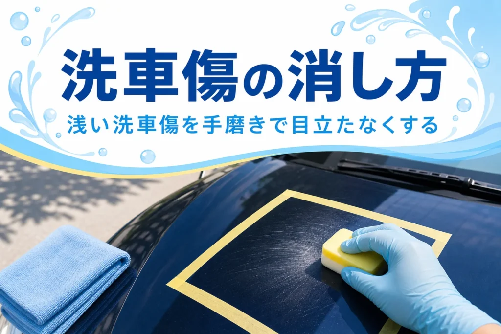 マスキングテープで囲んだボンネットをスポンジで手磨きしている手元と、洗車傷の消し方の記事タイトル