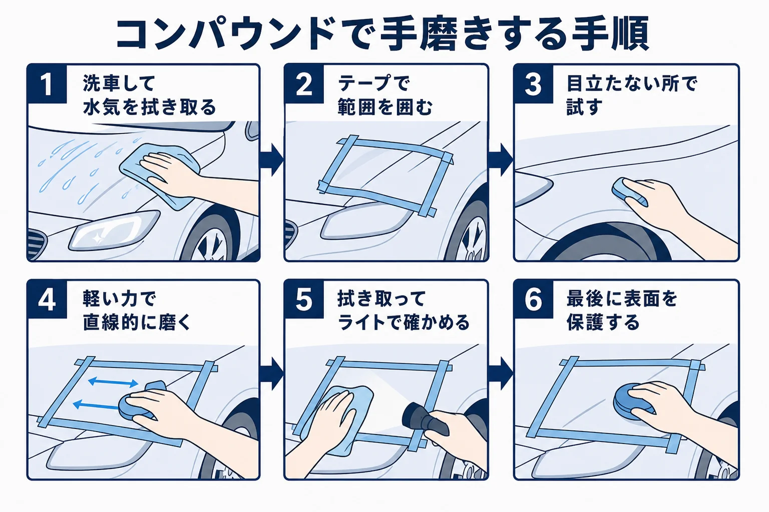 洗車傷をコンパウンドで手磨きする時の、洗車から試し磨き、確認までの手順を示した図解