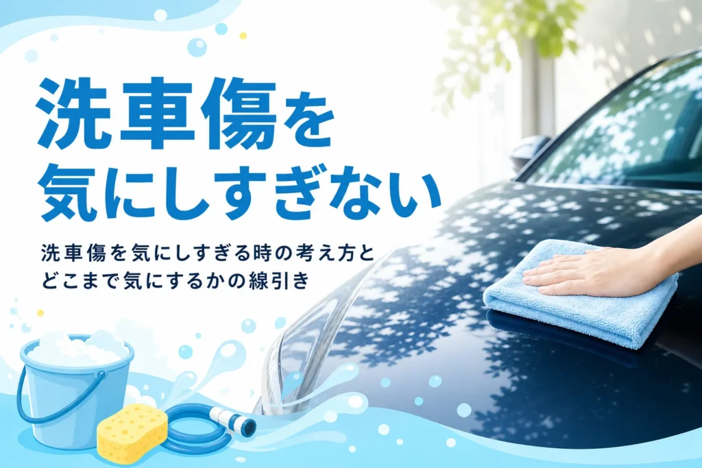 日陰で濃い色の乗用車のボンネットをタオルでやさしく拭く手元