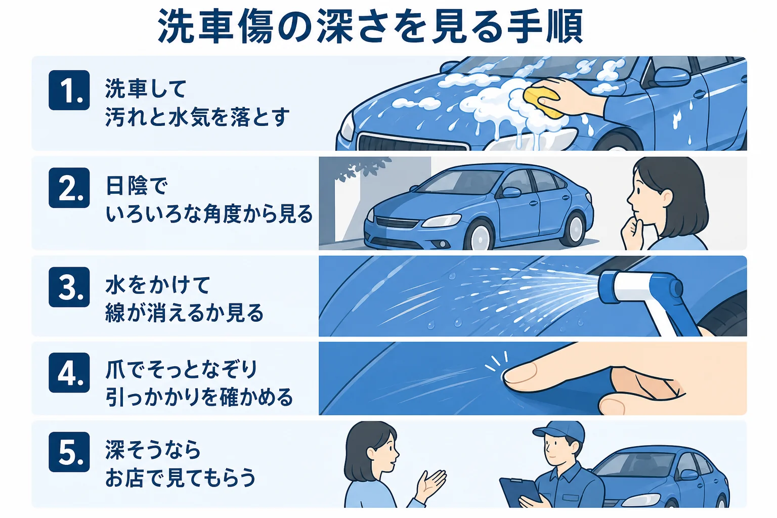 洗車傷の深さを水と爪で見分ける手順をまとめた図解