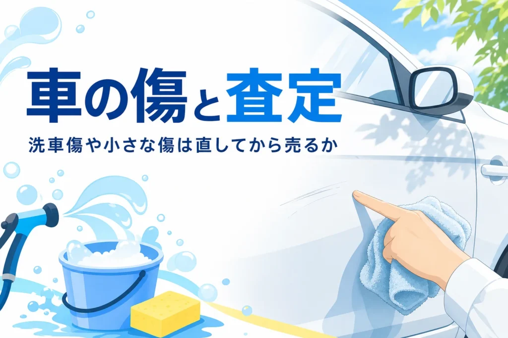 車のドアの細い線傷を指さして確かめている手元