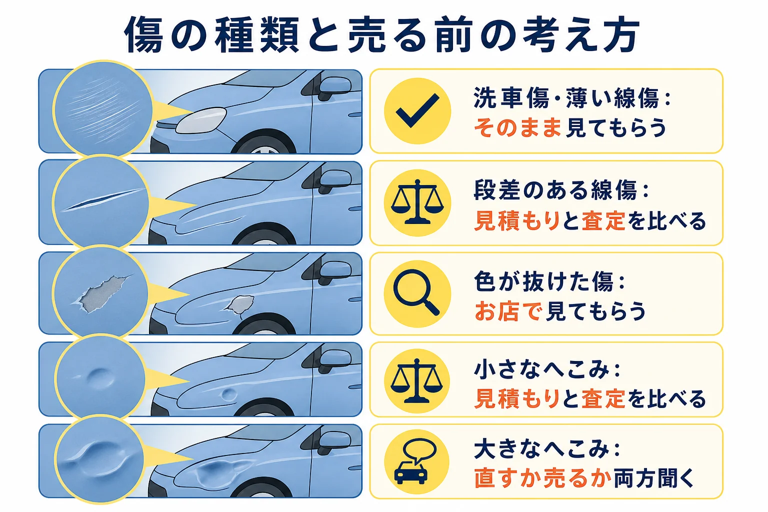 車の傷の種類ごとに、直してから売るか・そのまま売るか・まずお店に聞くかを分けた判断表の図解