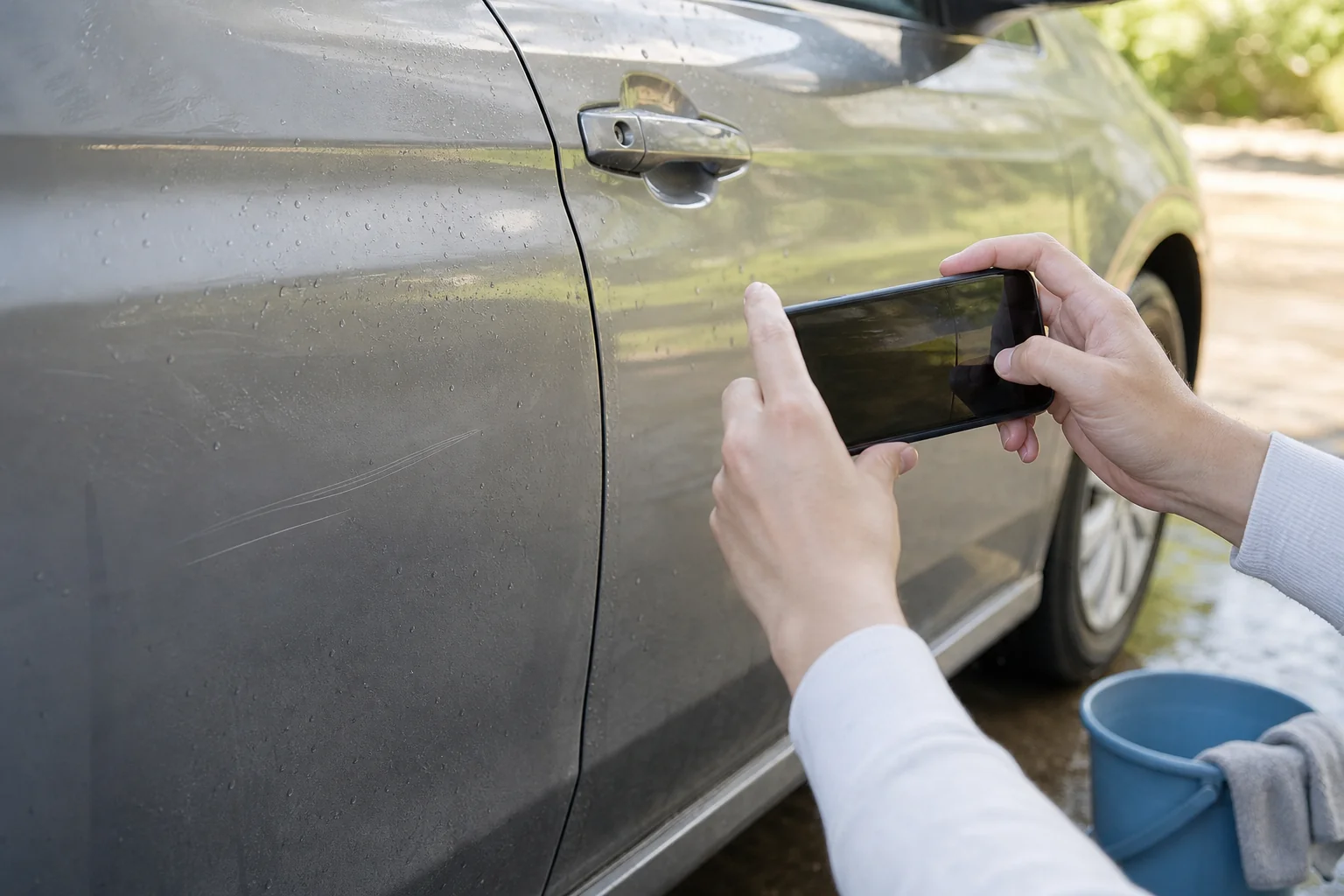 洗車後のボディの小さな傷を、明るい日陰でスマートフォンで撮影して記録している様子