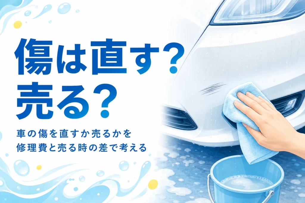 洗車後の車のバンパーにある小さな傷を手元で確かめている様子