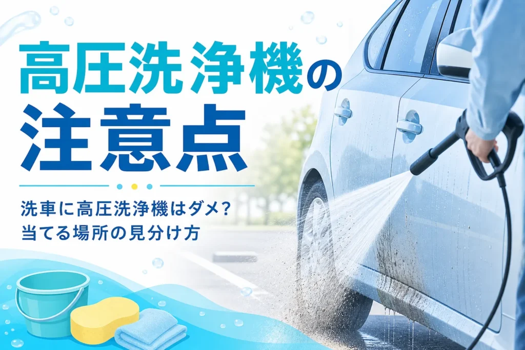 車のドアに高圧洗浄機を離して斜めから当てる手元と、高圧洗浄機の注意点の記事タイトル