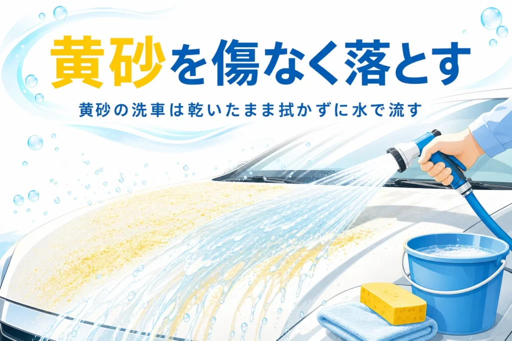 黄砂が積もった車のボンネットにホースで水をかけて流している様子と、黄砂の洗車の記事タイトル
