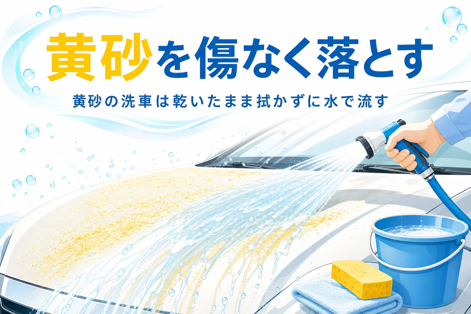 黄砂が積もった車のボンネットにホースで水をかけて流している様子と、黄砂の洗車の記事タイトル