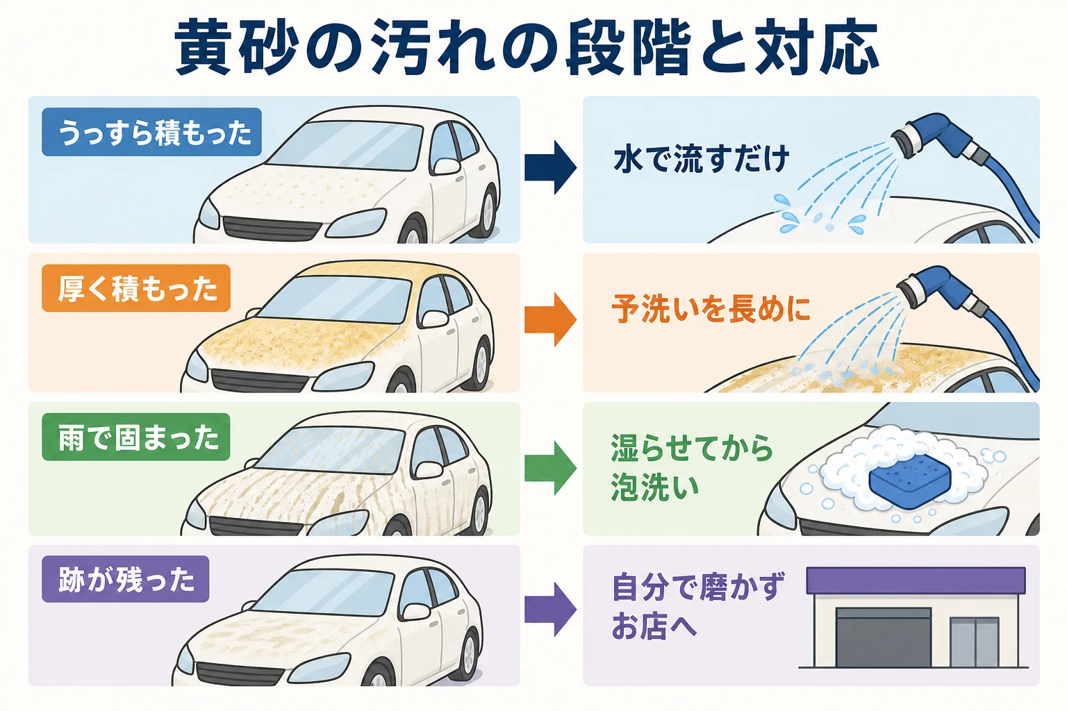 黄砂の汚れを積もり方と雨に当たったかどうかの段階に分けて洗い方を示した図解