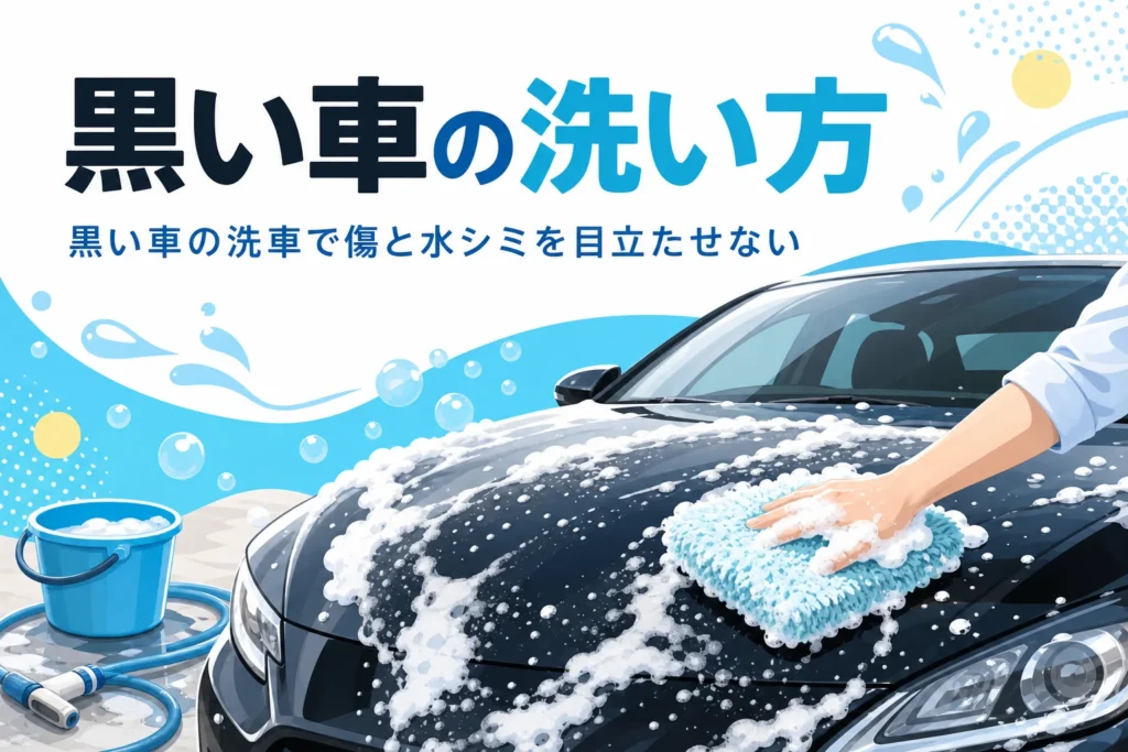 黒い車のボンネットを泡と洗車ミットでやさしく洗う手元と、黒い車の洗い方の記事タイトル