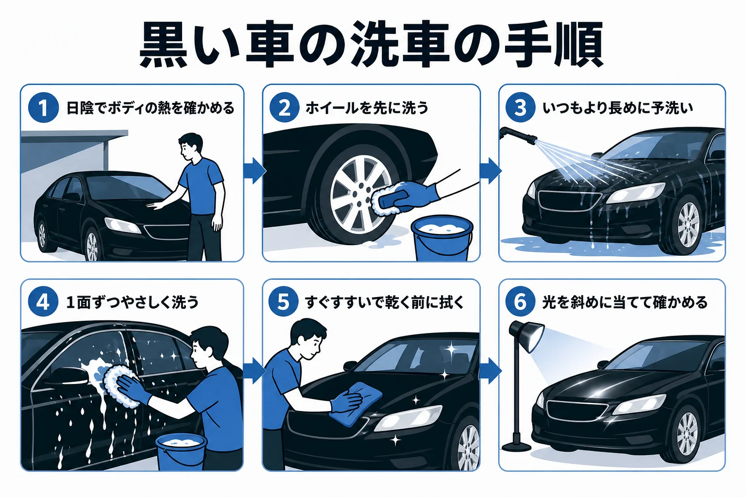 黒い車を日陰で長めの予洗いから1面ずつ洗い、乾く前に拭いて光で確かめるまでの手順の図解
