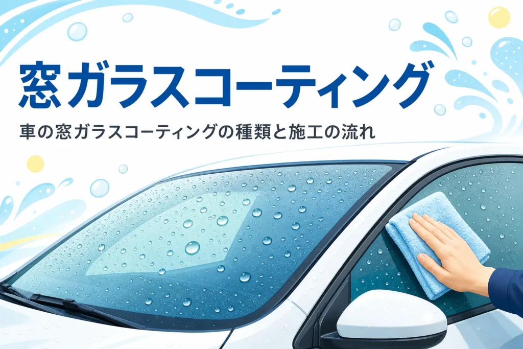 水滴が転がる車の窓ガラスと「窓ガラスコーティング」の文字