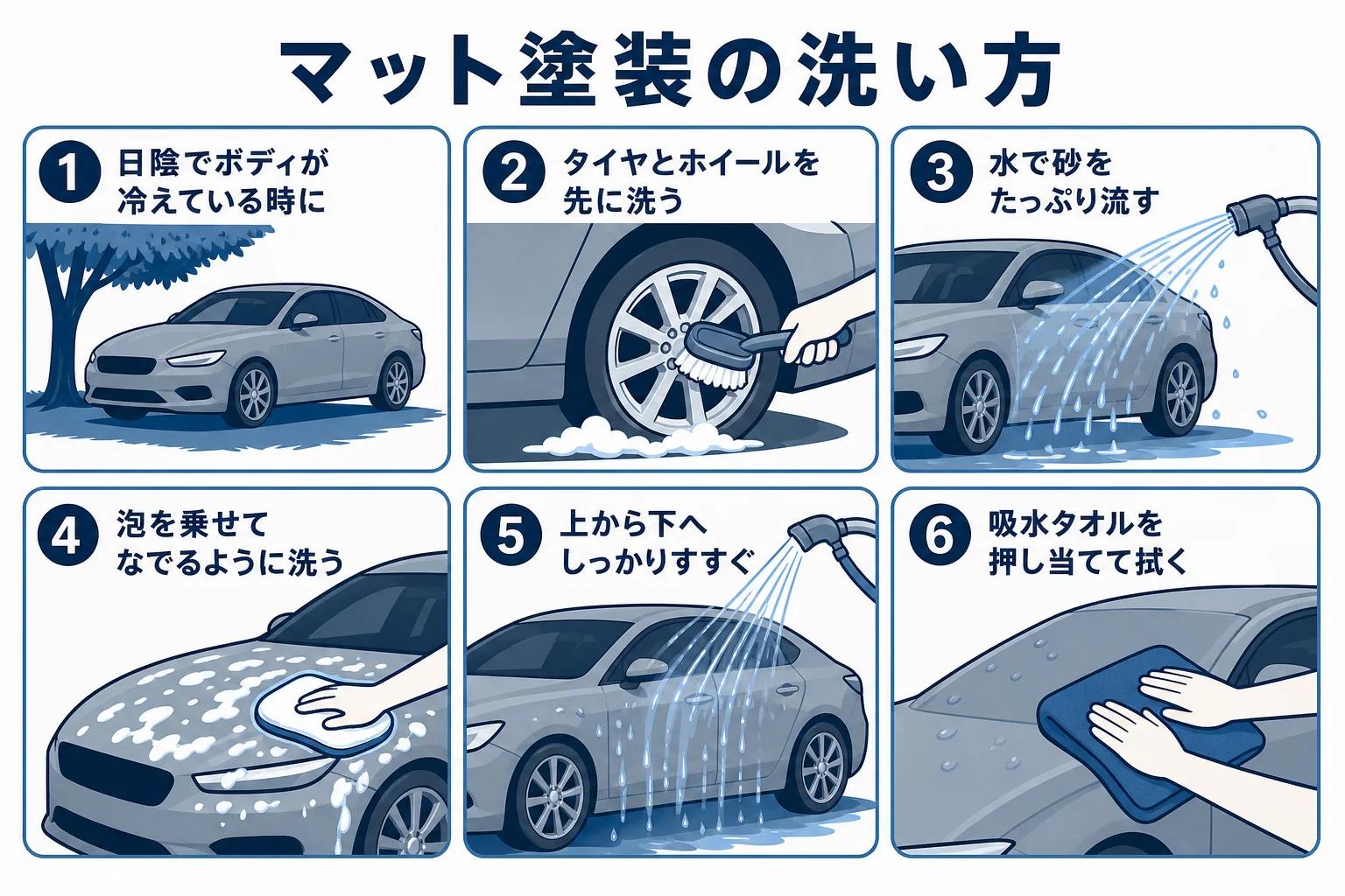 マット塗装の洗い方を予洗いから押さえる拭き上げまで順番に示した図解