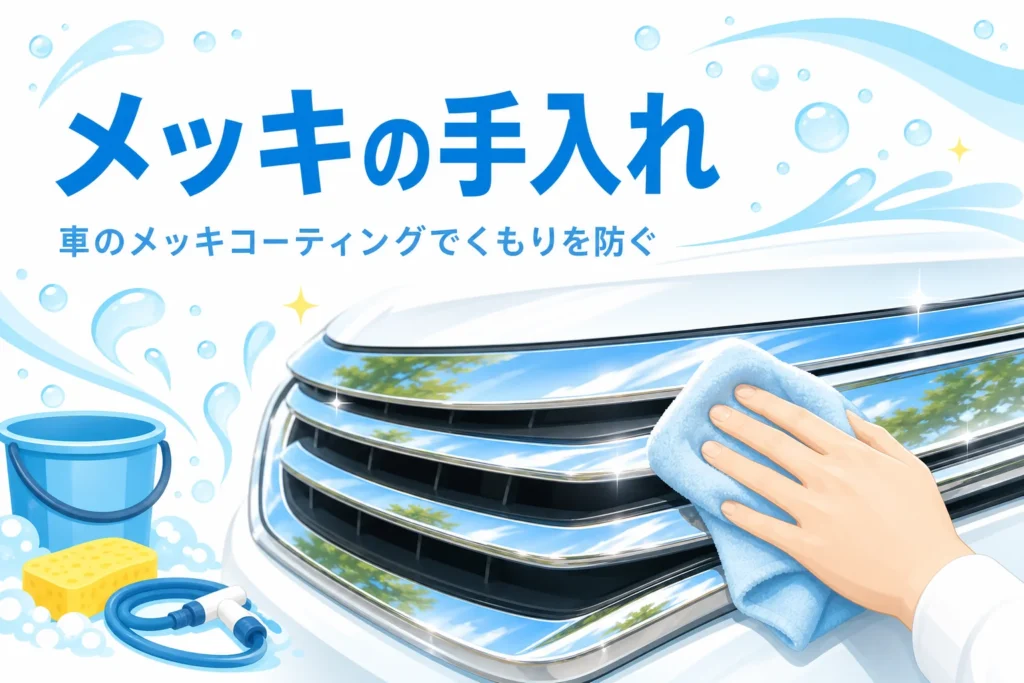車のメッキ部分を柔らかいクロスで拭いている手元
