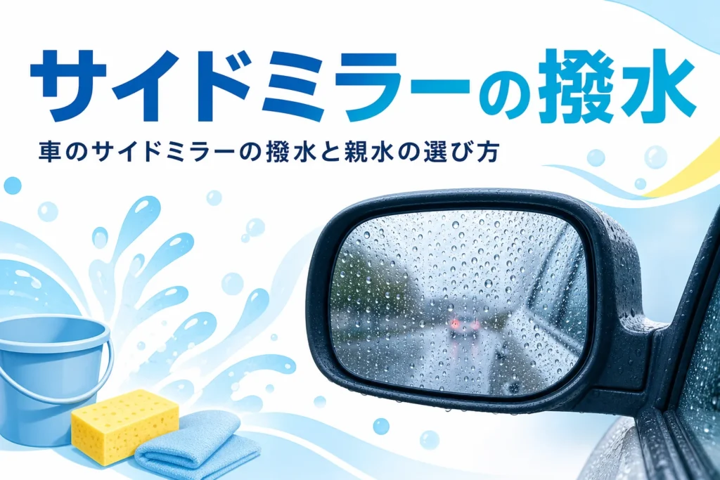 雨の水滴が付いた車のドアミラーと「サイドミラーの撥水」の文字