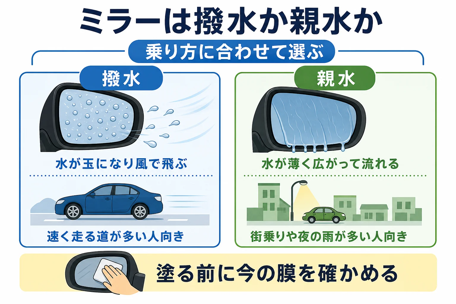 車のサイドミラーの撥水と親水の違いと、向いている乗り方をまとめた図解