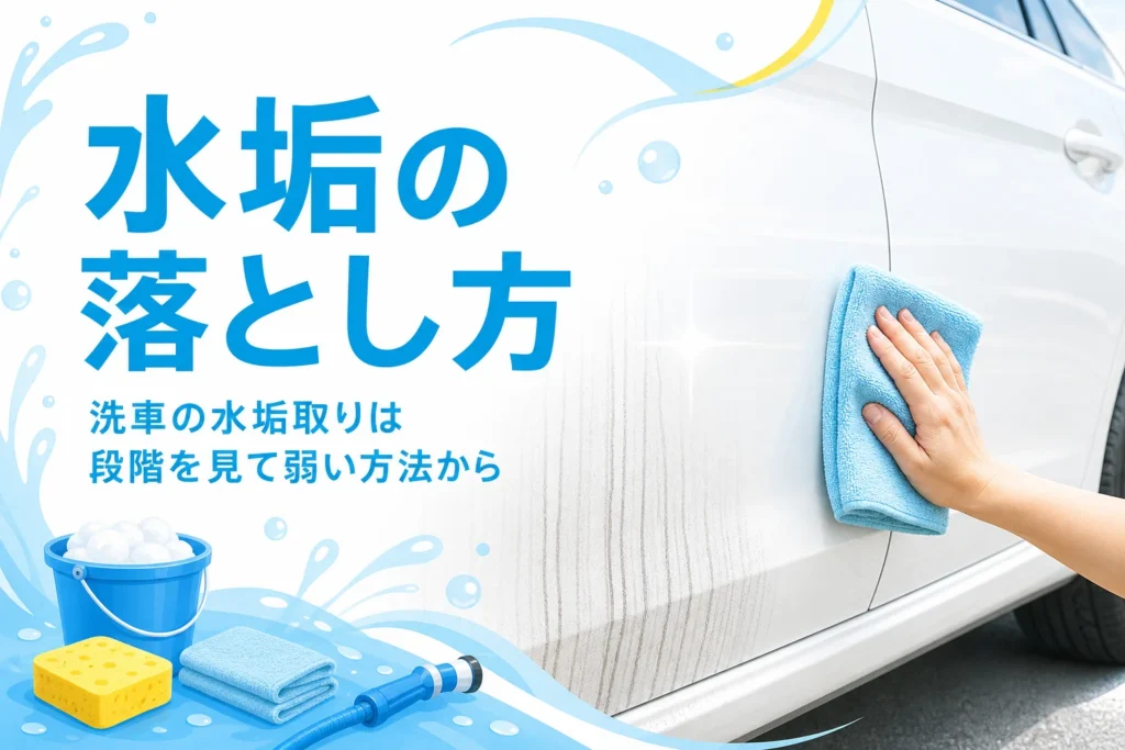 車のドアに垂れた黒い水垢の筋をクロスで拭き取る手元と、水垢取りの記事タイトル
