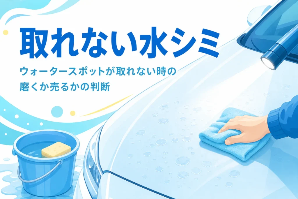 車のボンネットに残った丸い水シミを手元で確かめている様子