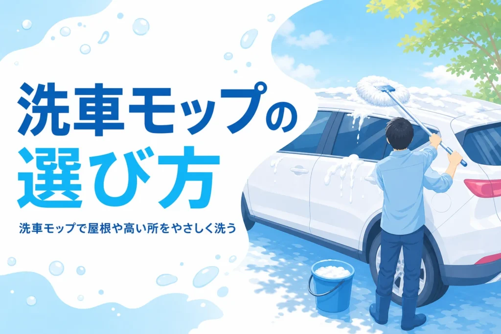 柄の長い洗車モップで背の高い乗用車の屋根を洗っている後ろ姿