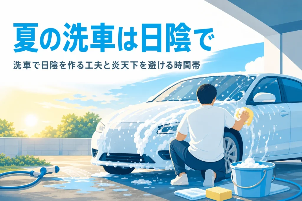 建物の影の中で車を泡で洗っている人の後ろ姿と、夏の洗車の記事タイトル