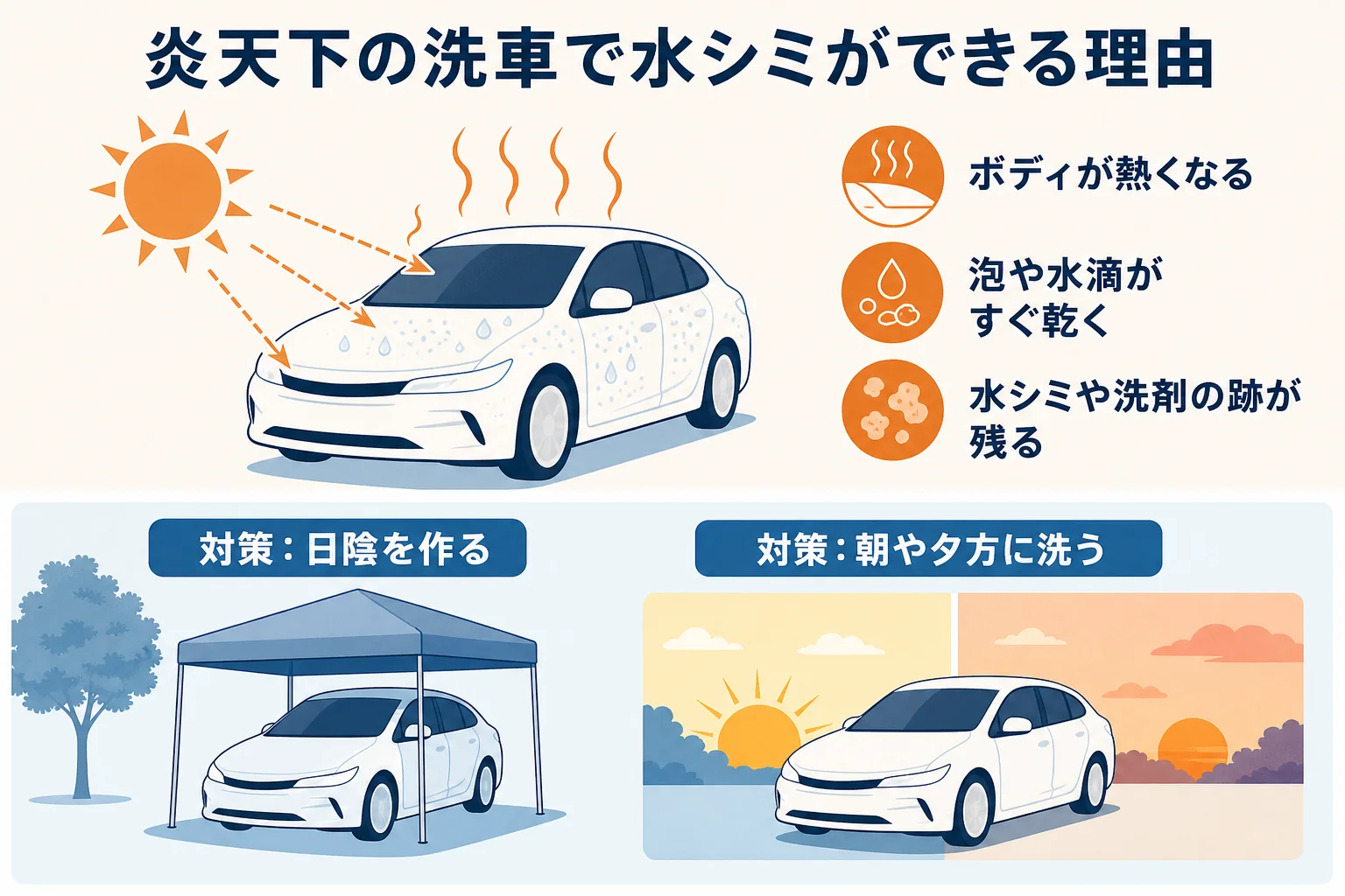 炎天下の洗車で泡や水滴が乾いて水シミや傷の原因になる流れと、日陰を作る・時間帯を選ぶ対策を示した図解