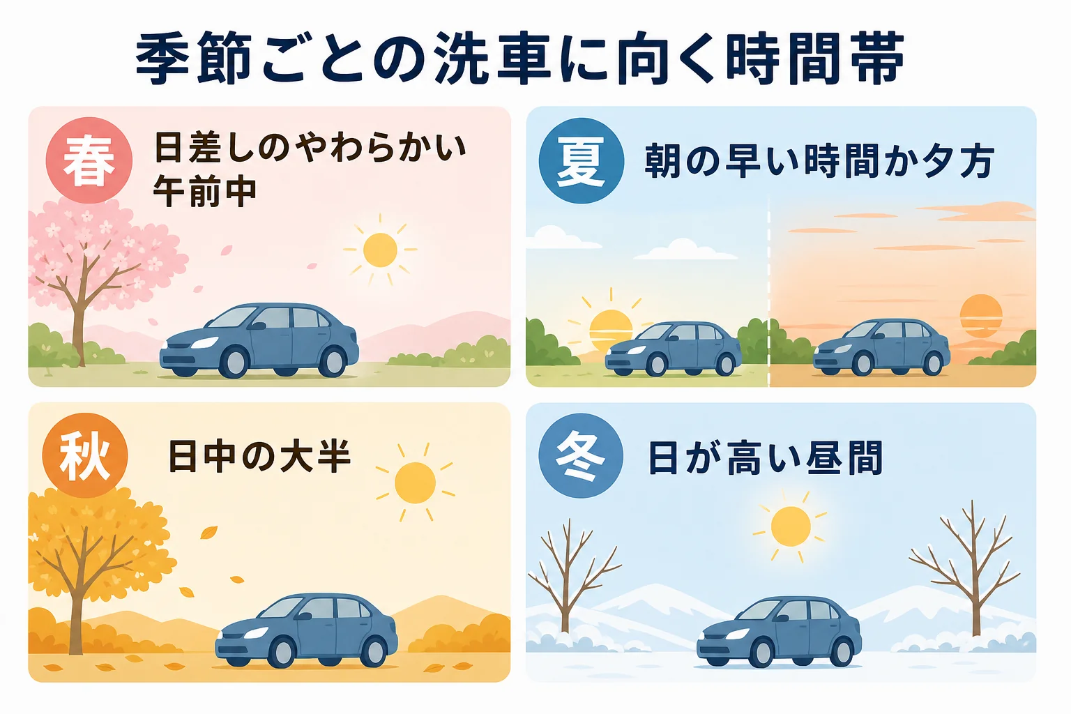 季節ごとに洗車に向く時間帯と避けたい時間帯を日差しの様子で示した図解