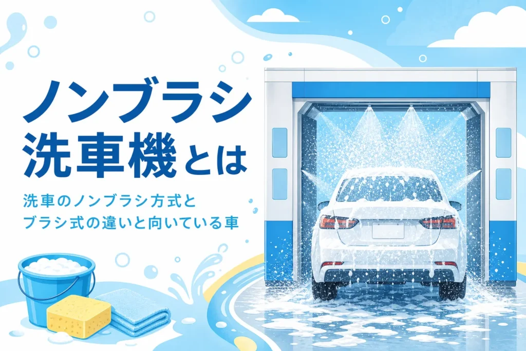 ブラシを使わない洗車機の中で泡と水しぶきを浴びる乗用車