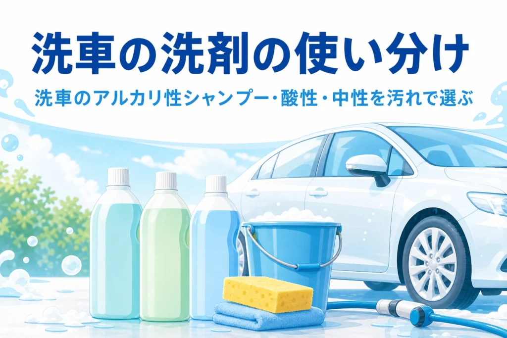 乗用車の前に並んだ性質の違う洗車用の洗剤ボトルとバケツ