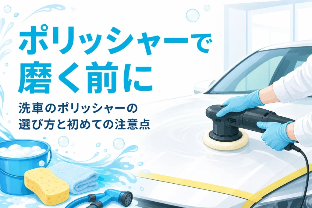 マスキングをした乗用車のボンネットを電動ポリッシャーで磨いている手元