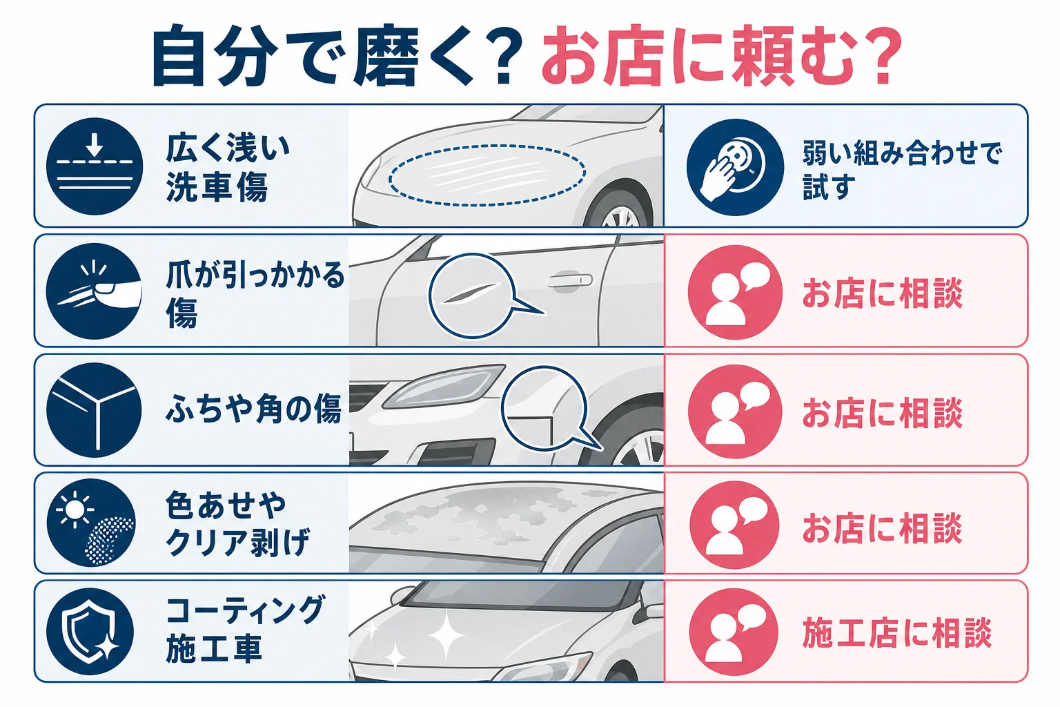 自分で磨くかお店に頼むかを傷の状態で分けた判断の図解