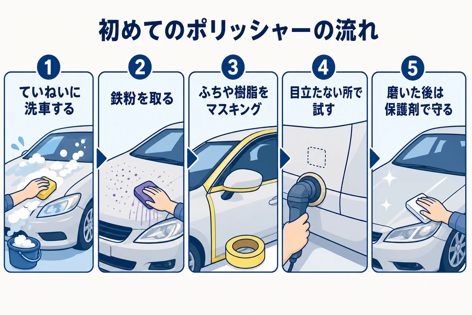 初めてポリッシャーで磨く時の流れを順番に示した図解