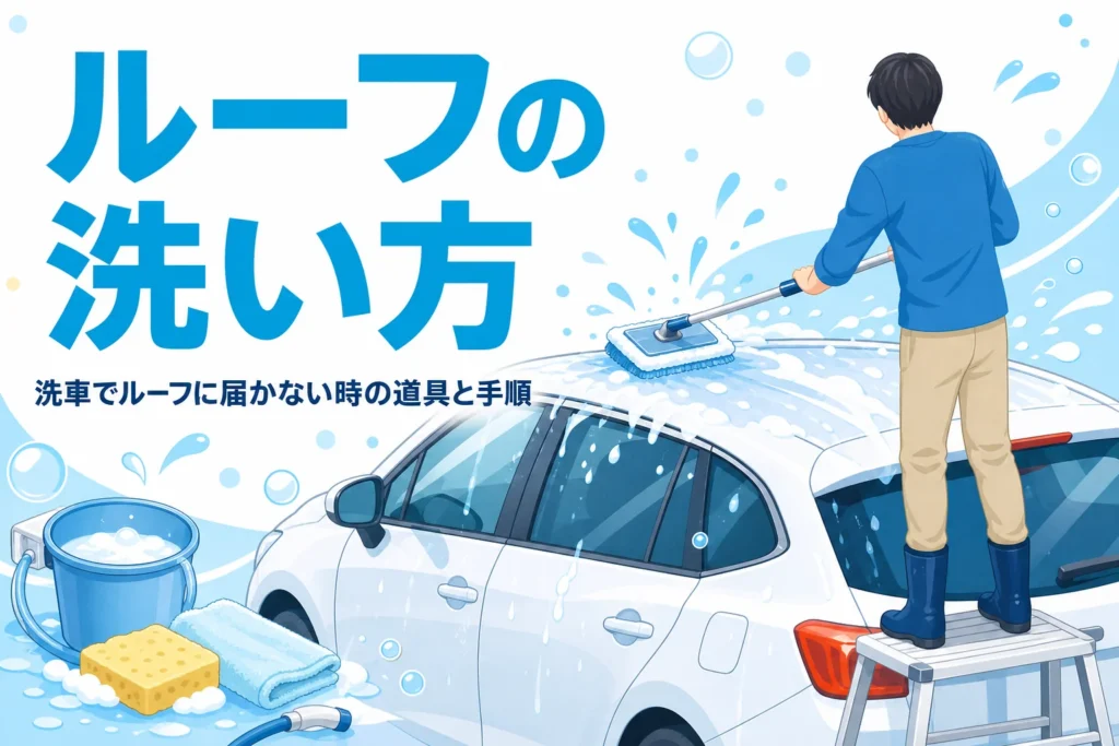 足場台に乗って車の屋根をモップで洗う後ろ姿と「ルーフの洗い方」の文字