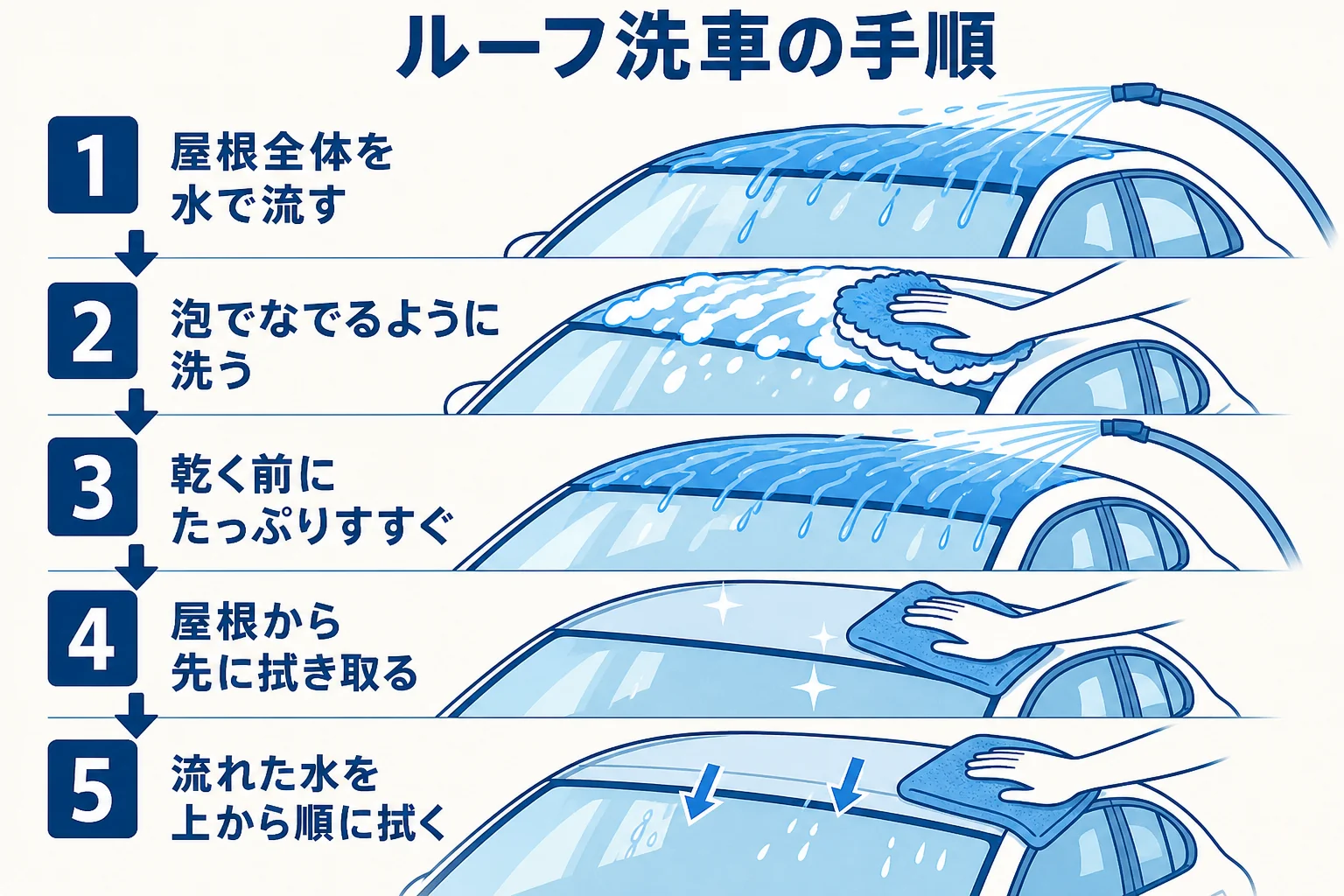 ルーフ洗車を、水で流す・泡で洗う・すすぐ・屋根から拭き取る順でまとめた図解