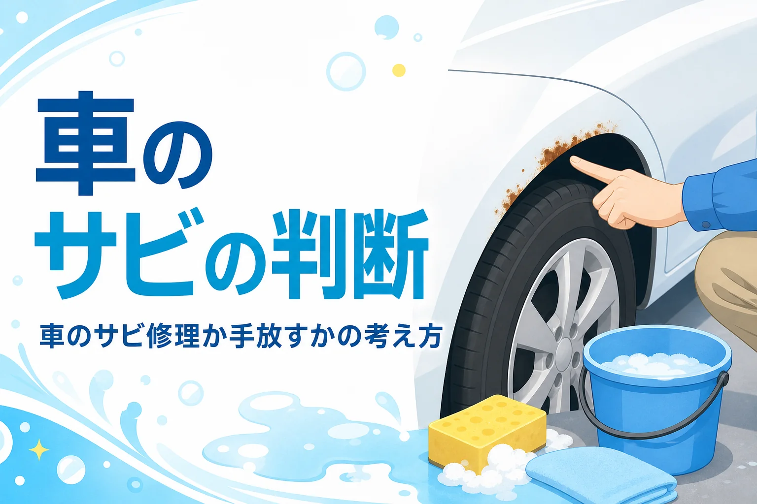 車のフェンダーのふちに出た小さなサビを指さして確かめている手元