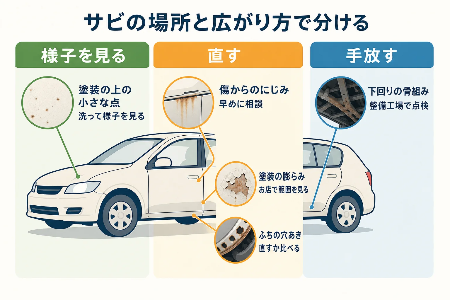 車のサビを場所と広がり方で分け、様子を見る・直す・手放すを比べた判断表の図解