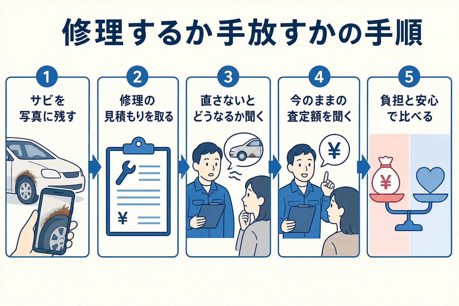 車のサビを修理するか手放すかを、見積もりと乗る年数と査定額で比べる手順の図解