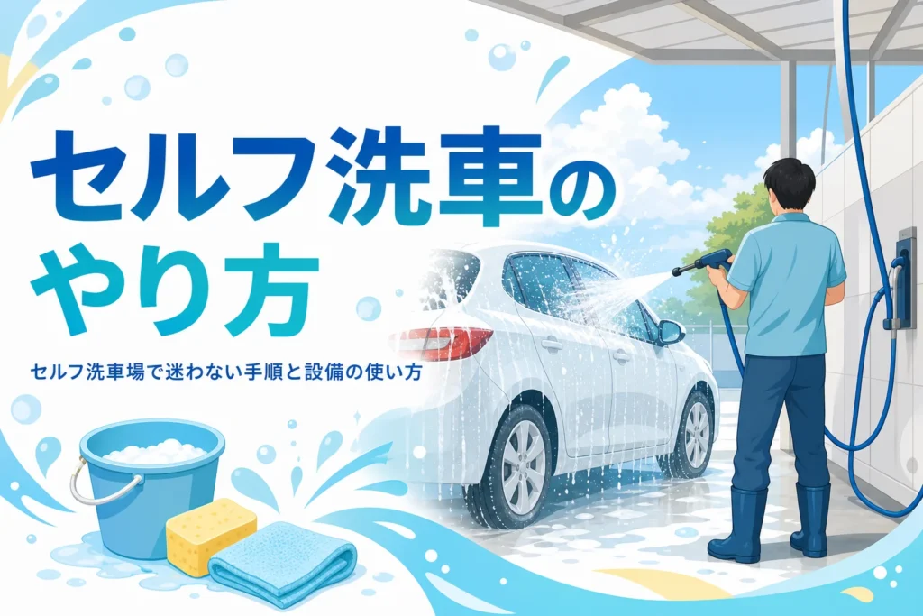 セルフ洗車場のブースで車に高圧の水をかける人の後ろ姿に、セルフ洗車のやり方の記事タイトル