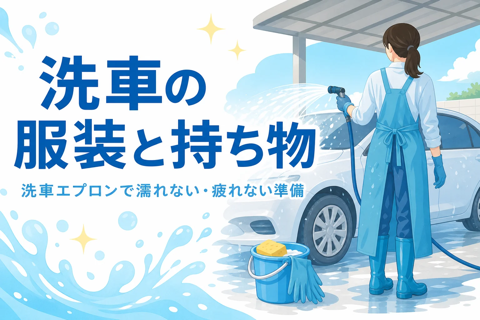 洗車エプロンと長靴を身に着けて車に水をかける人の後ろ姿に、洗車の服装と持ち物の記事タイトル