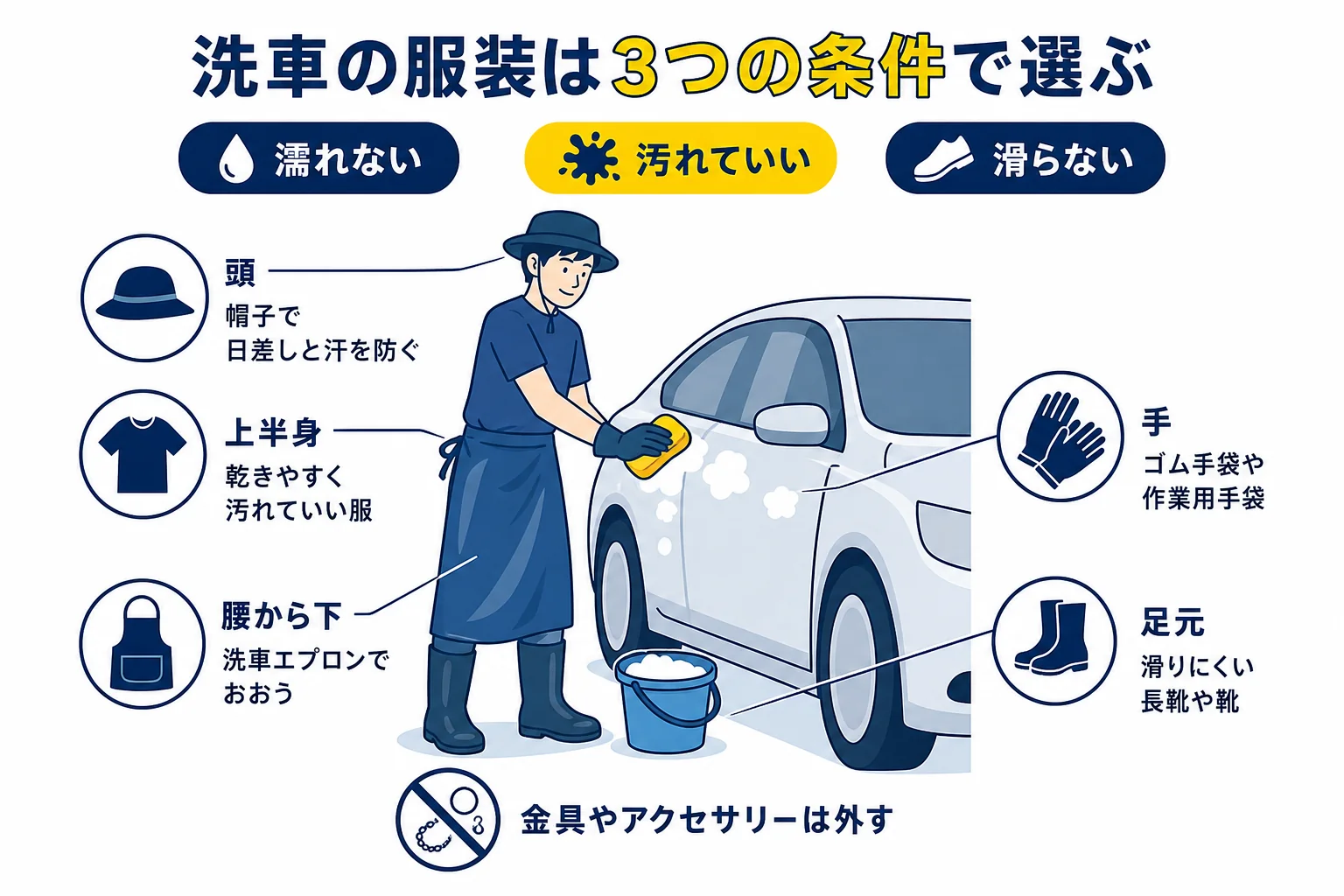 洗車の服装を上半身・腰から下・足元・手・頭に分けて、選び方のポイントを示した図解