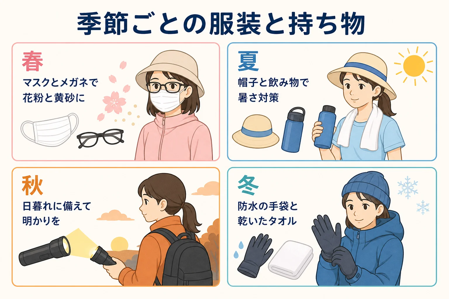 季節ごとの洗車の服装と持ち物を春・夏・秋・冬に分けて示した図解