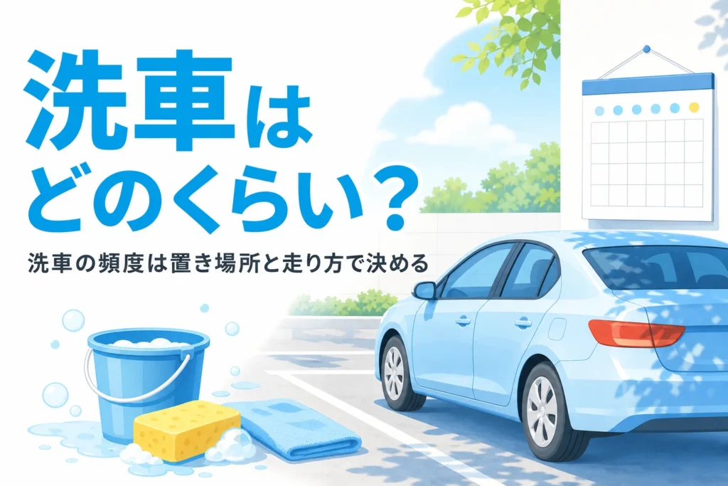 駐車場の車と洗車用のバケツ、洗車の頻度の決め方を紹介する記事タイトル