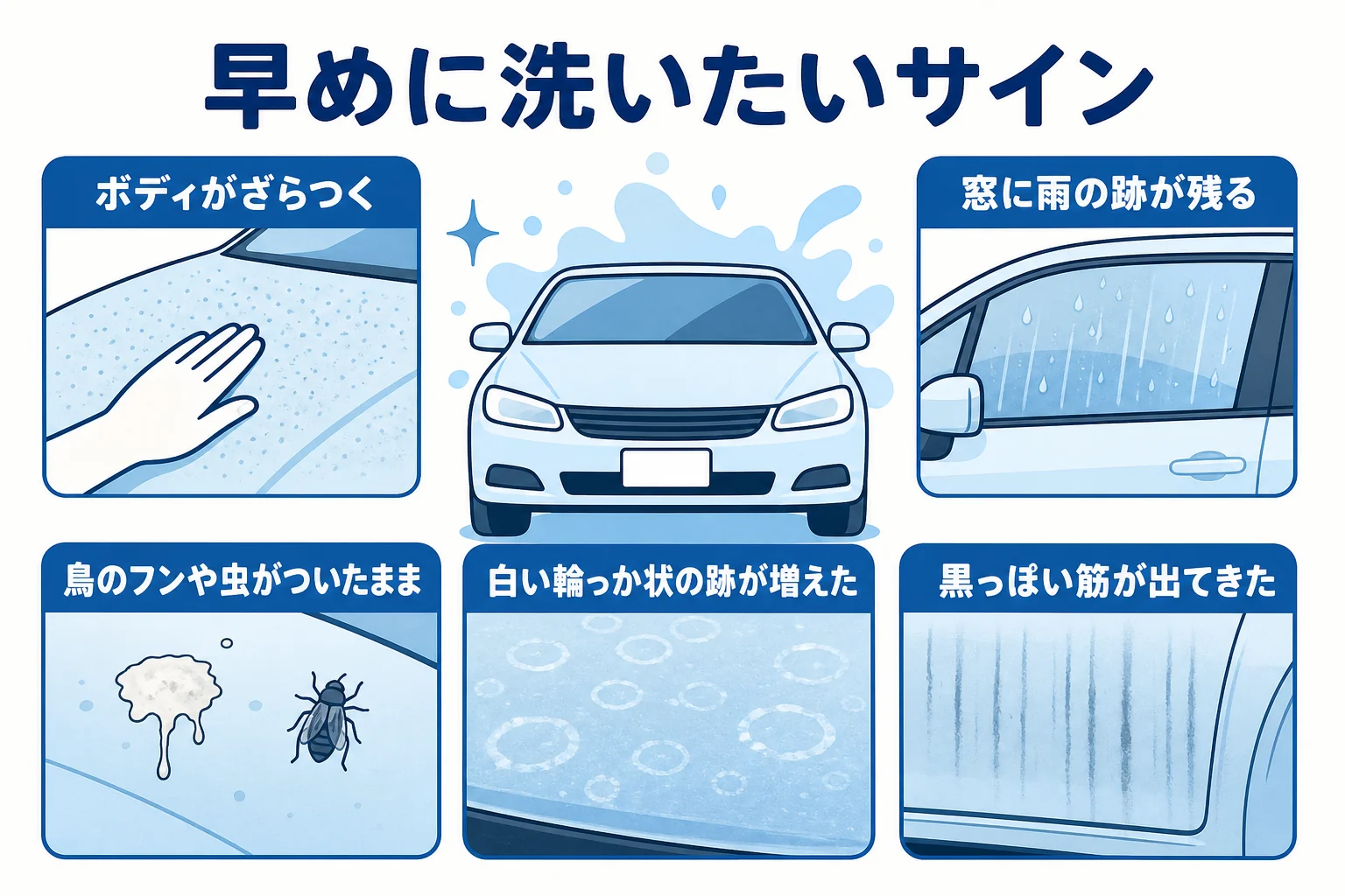 洗車の間隔をあけすぎた時に出やすいサインをまとめたチェックリストの図解