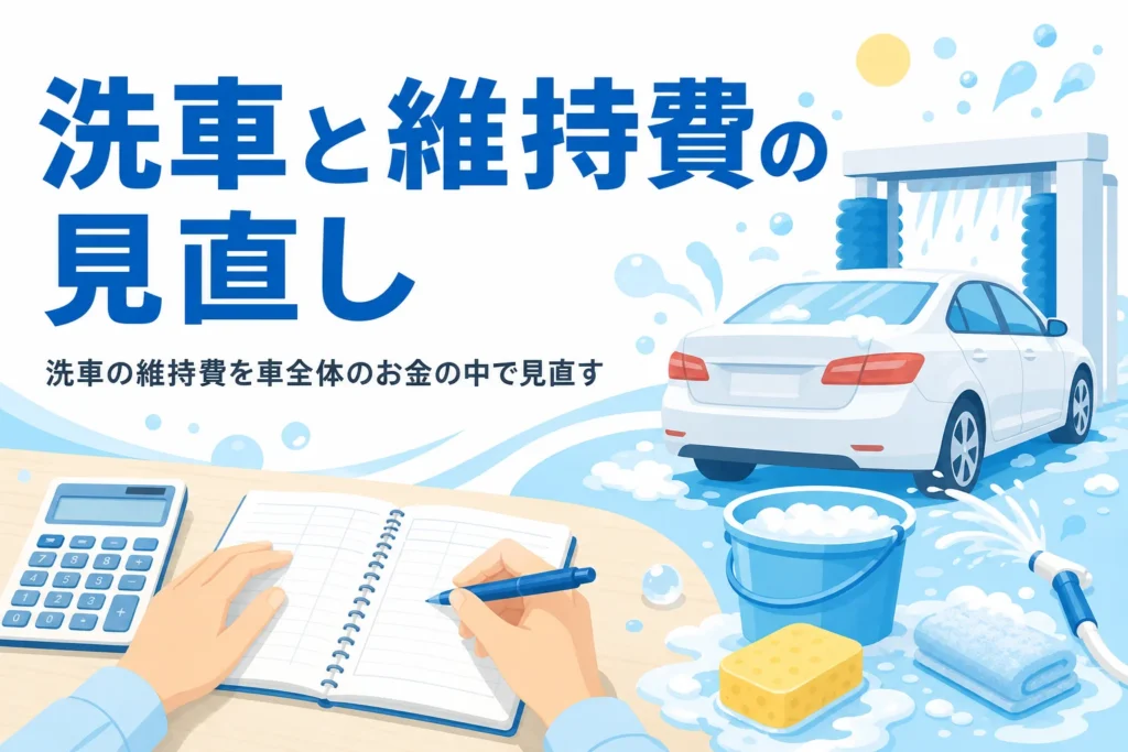 洗車道具のそばで家計簿に車のお金を書き込んでいる手元