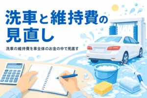 洗車道具のそばで家計簿に車のお金を書き込んでいる手元
