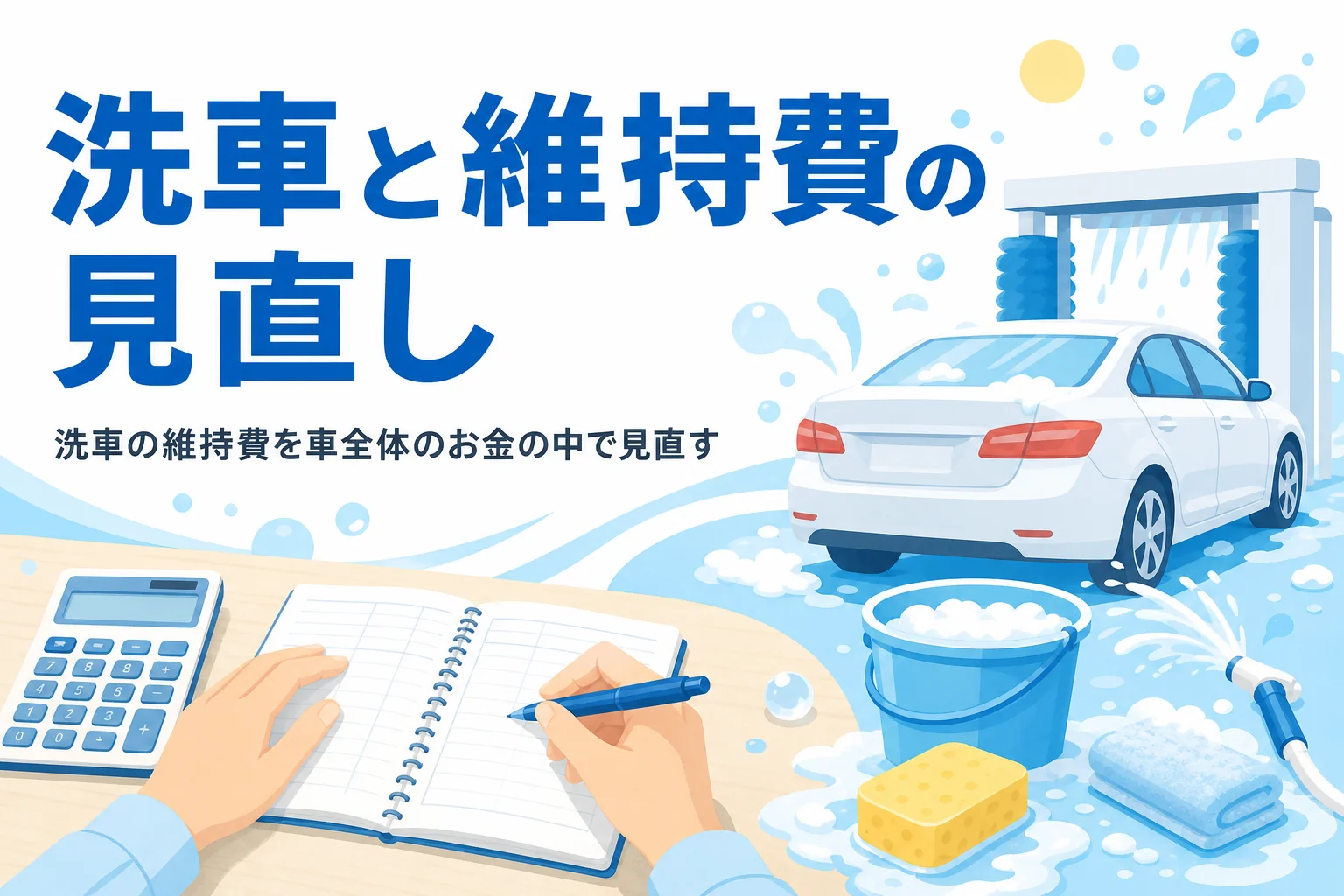 洗車道具のそばで家計簿に車のお金を書き込んでいる手元