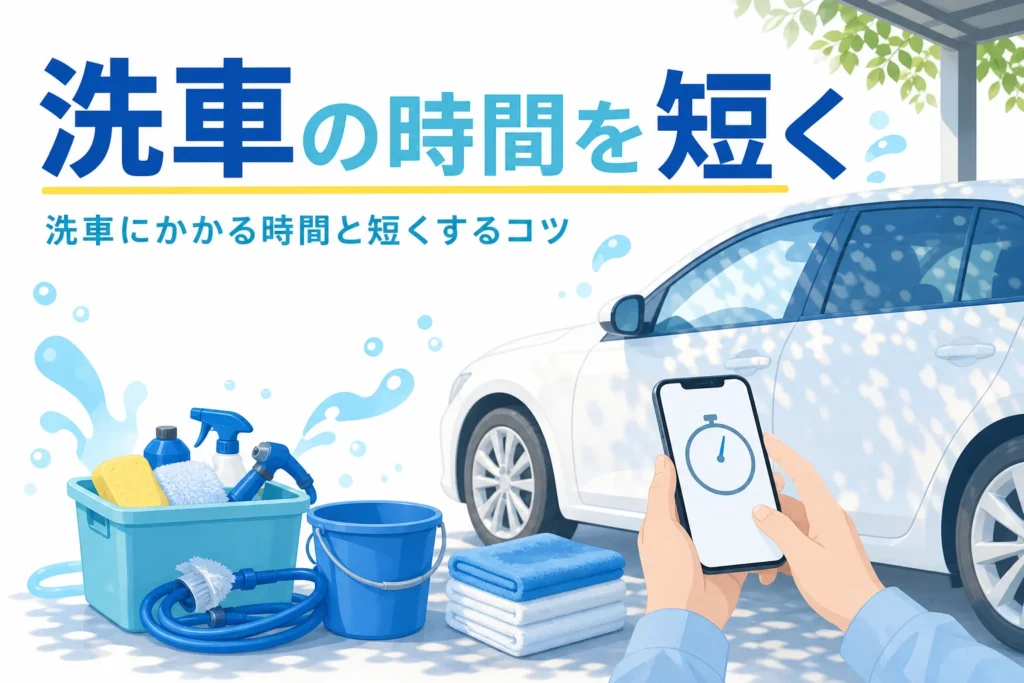 ひとまとめにした洗車道具とスマホのストップウォッチを見る手元と、洗車の時間を短くするコツの記事タイトル