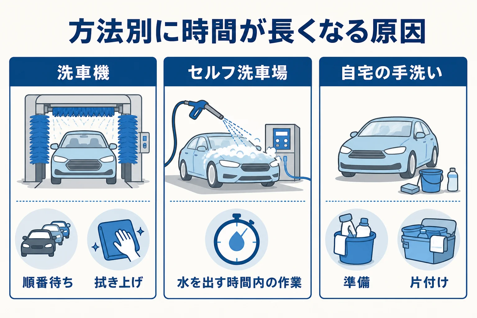 洗車機・セルフ洗車場・自宅の手洗いの段取りの数と時間が長くなる原因を比べた図解