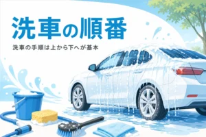 車の屋根から下へ泡と水が流れ落ちる様子と、洗車の順番を紹介する記事タイトル
